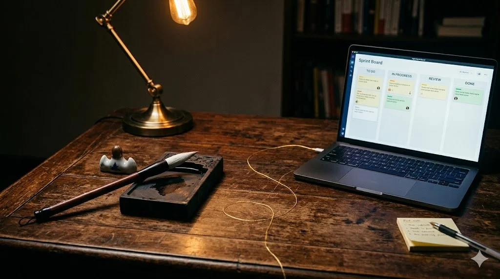 東方的毛筆與西方的敏捷看板,在同一張桌上相遇。因緣成果與回應變化,說的是同一件事。