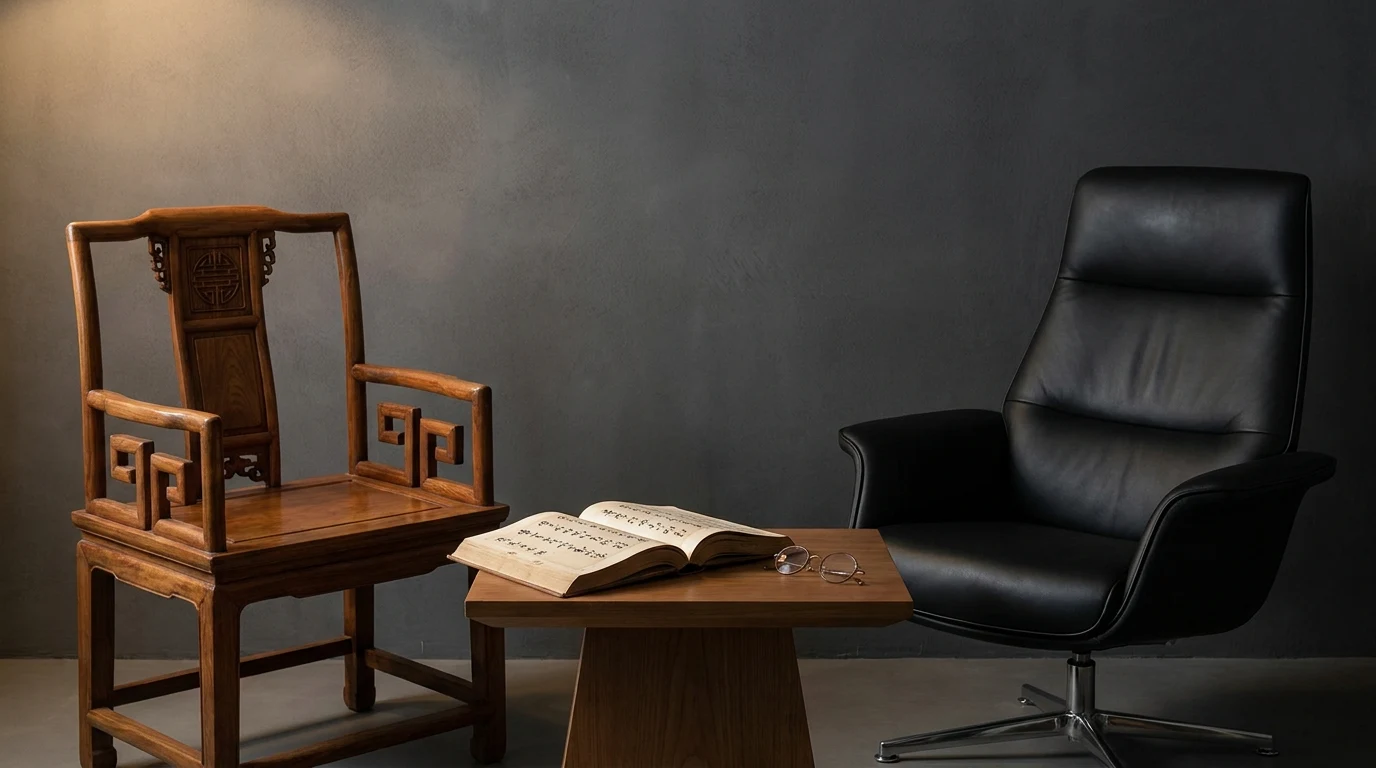 兩張對比空椅+攤開的書+圓框眼鏡：世代交棒的無聲對話