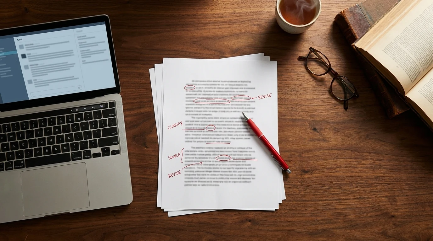 桌面俯視 flat-lay：手稿紅筆校正+筆電對話介面+眼鏡茶杯