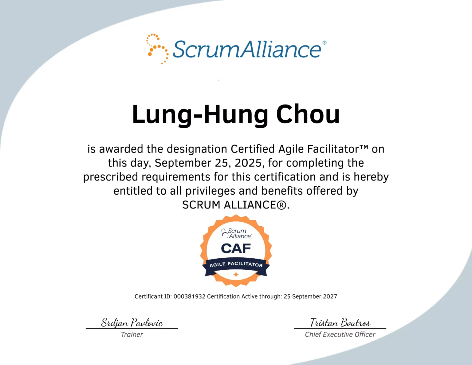Scrum Alliance CAF 證書