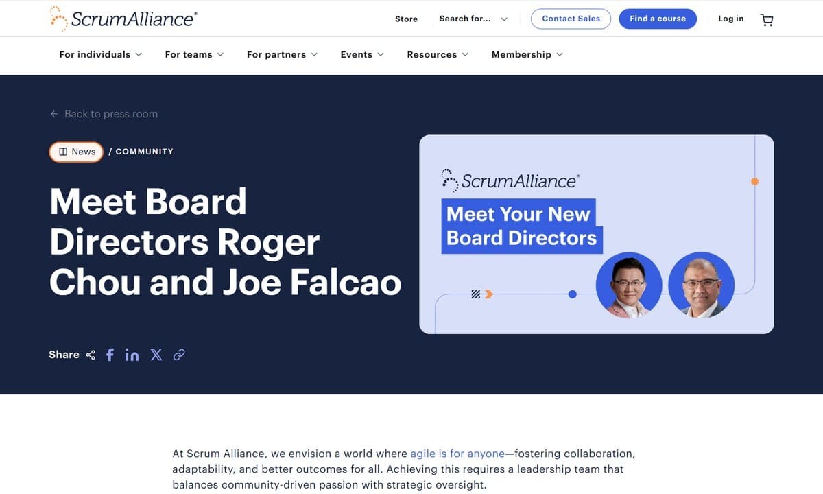 Scrum Alliance 官方網站公告新任董事名單，周龍鴻為會員直選董事